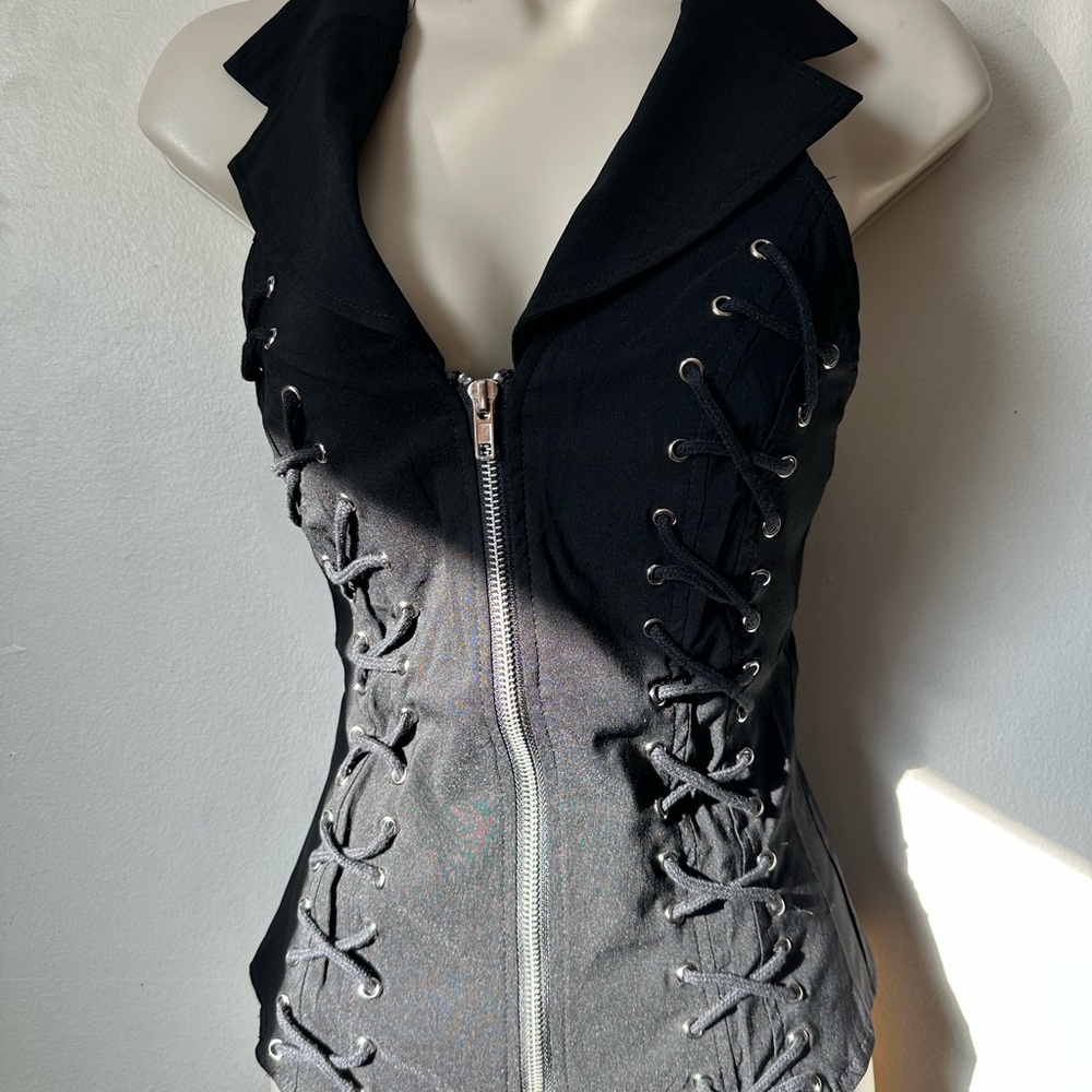 Black Lace-Up Zipper Front Top